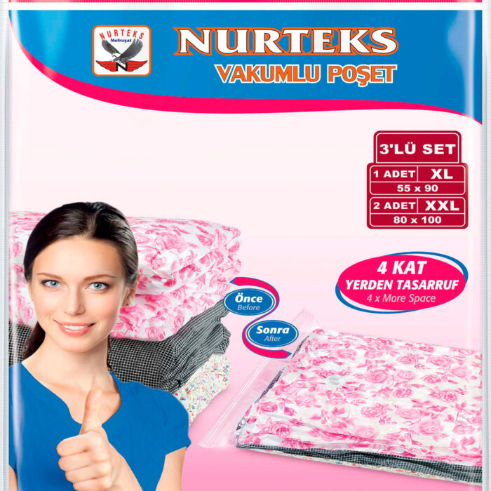 NURTEKS VAKUMLU HURÇ 2 ADET 80X100 1 ADET 55X90 3'LÜ SET